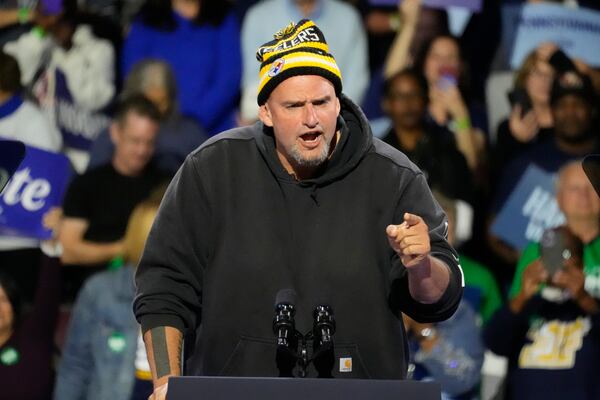 FILE - Sen. John Fetterman, D-Pa., speaks at a campaign rally for Democratic presidential nominee Vice President Kamala Harris at Erie Insurance Arena, in Erie, Pa., Oct. 14, 2024. (AP Photo/Gene Puskar, File)