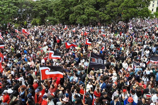 Thousands of people gather outside New Zealand's parliament to protest a proposed law that would redefine the country's founding agreement between Indigenous Māori and the British Crown, in Wellington Tuesday, Nov. 19, 2024. (AP Photo/Charlotte McLay-Graham)