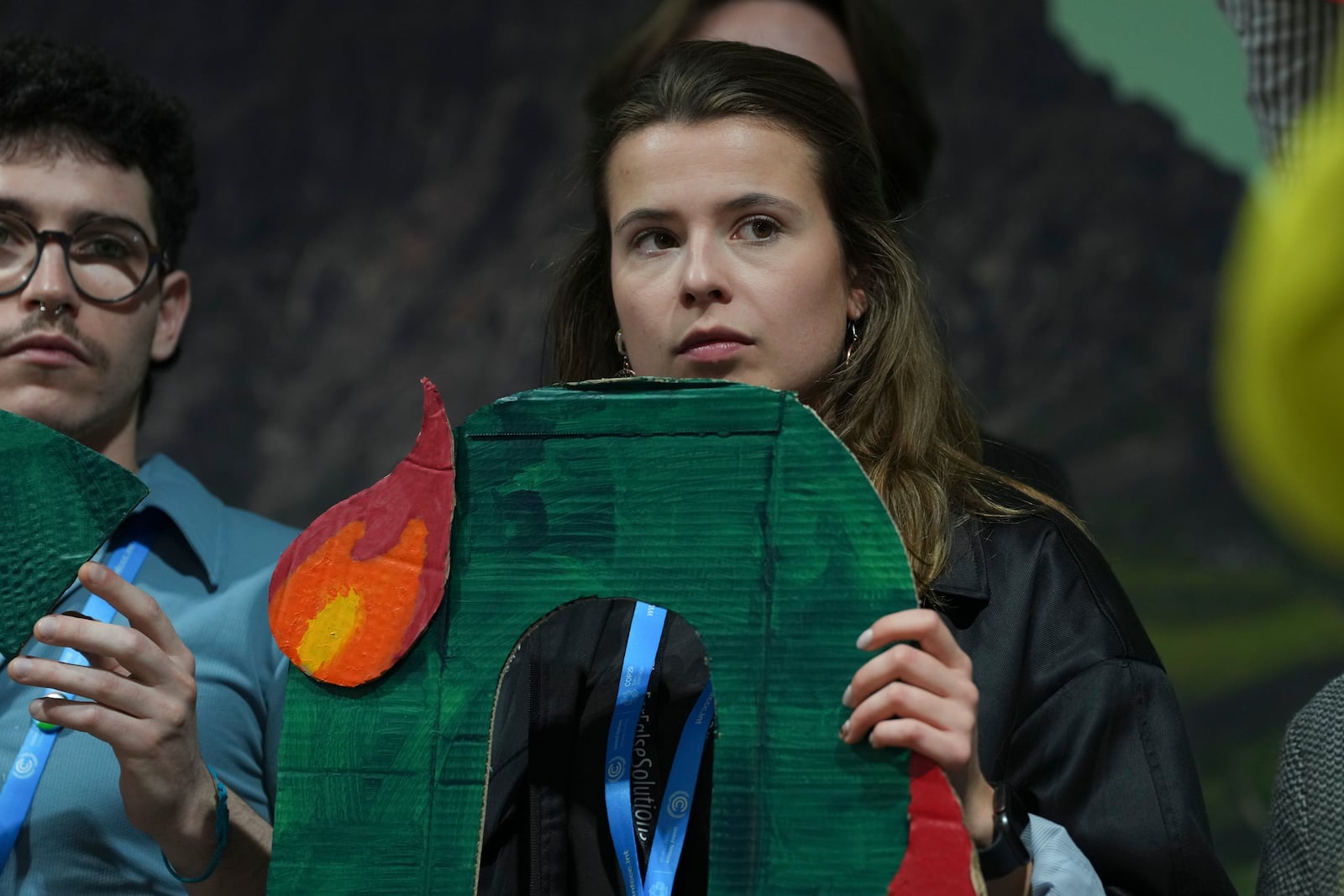 Activist Luisa Neubauer, of Germany, participates in a demonstration against fossil fuels at the COP29 U.N. Climate Summit, Friday, Nov. 15, 2024, in Baku, Azerbaijan. (AP Photo/Peter Dejong)