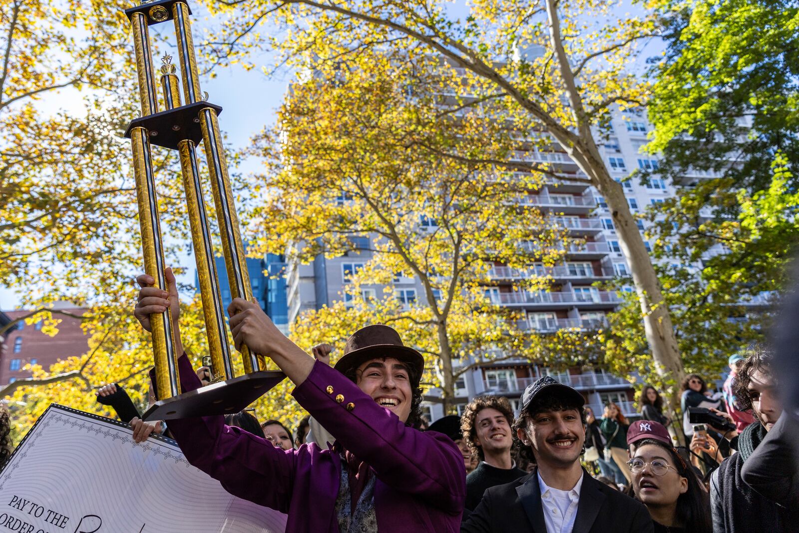 Miles Mitchel, 21, winner of the Timothee Chalomet lookalike contest held near Washington Square Park, Sunday, Oct. 27, 2024, in New York. (AP Photo/Stefan Jeremiah)