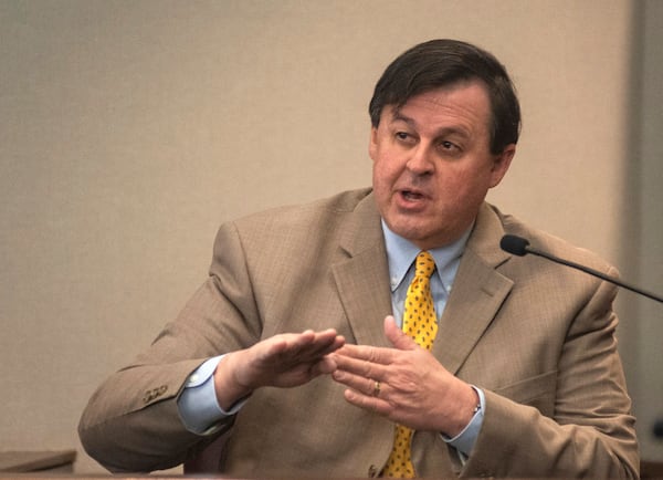 David McLaughlin, a career prosecutor and former assistant attorney general, testifies Thursday, Jan. 30, 2025, in Brunswick, Ga., about a conflict letter that is in front of him on a screen during former Brunswick District Attorney Jackie Johnson’s trial. (Terry Dickson/The Brunswick News via AP, Pool)