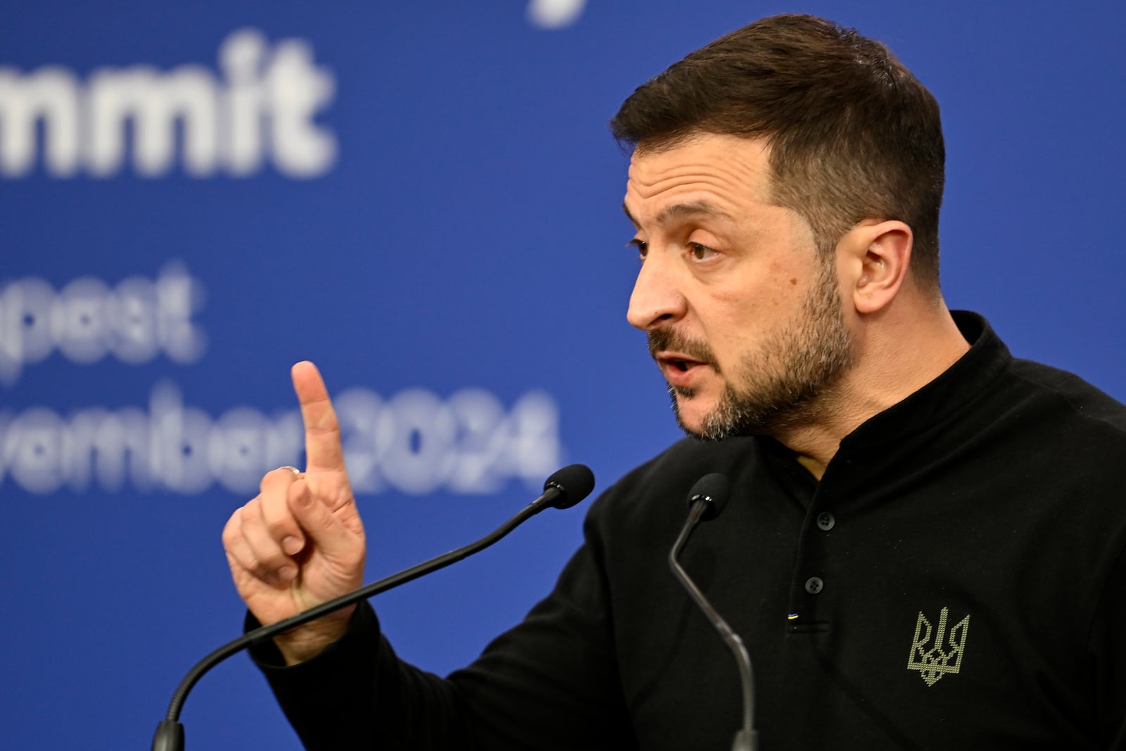 Ukraine's President Volodymyr Zelenskyy speaks during a press conference during the European Political Community (EPC) Summit at the Puskas Arena in Budapest , Hungary, Thursday, Nov. 7, 2024. (AP Photo/Denes Erdos)