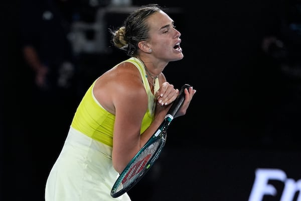 Aryna Sabalenka of Belarus reacts during the women's singles final against Madison Keys of the U.S. at the Australian Open tennis championship in Melbourne, Australia, Saturday, Jan. 25, 2025. (AP Photo/Ng Han Guan)