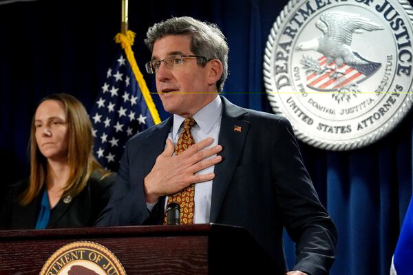 U.S. Attorney District of Massachusetts Joshua Levy, right, faces reporters as Special Agent in Charge FBI, Boston Division Jodi Cohen, left, looks on during a news conference, Monday, Dec. 16, 2024, at the federal courthouse, in Boston. (AP Photo/Steven Senne)