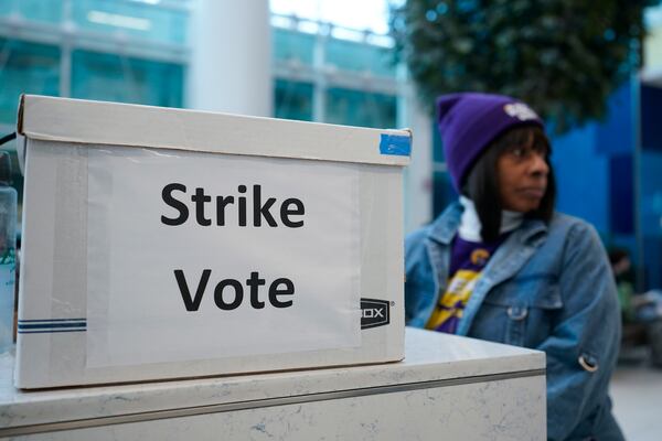 An union ballot drop box is seen at Charlotte Douglas International Airport, Friday, Nov. 22, 2024, in Charlotte, N.C. (AP Photo/Erik Verduzco)