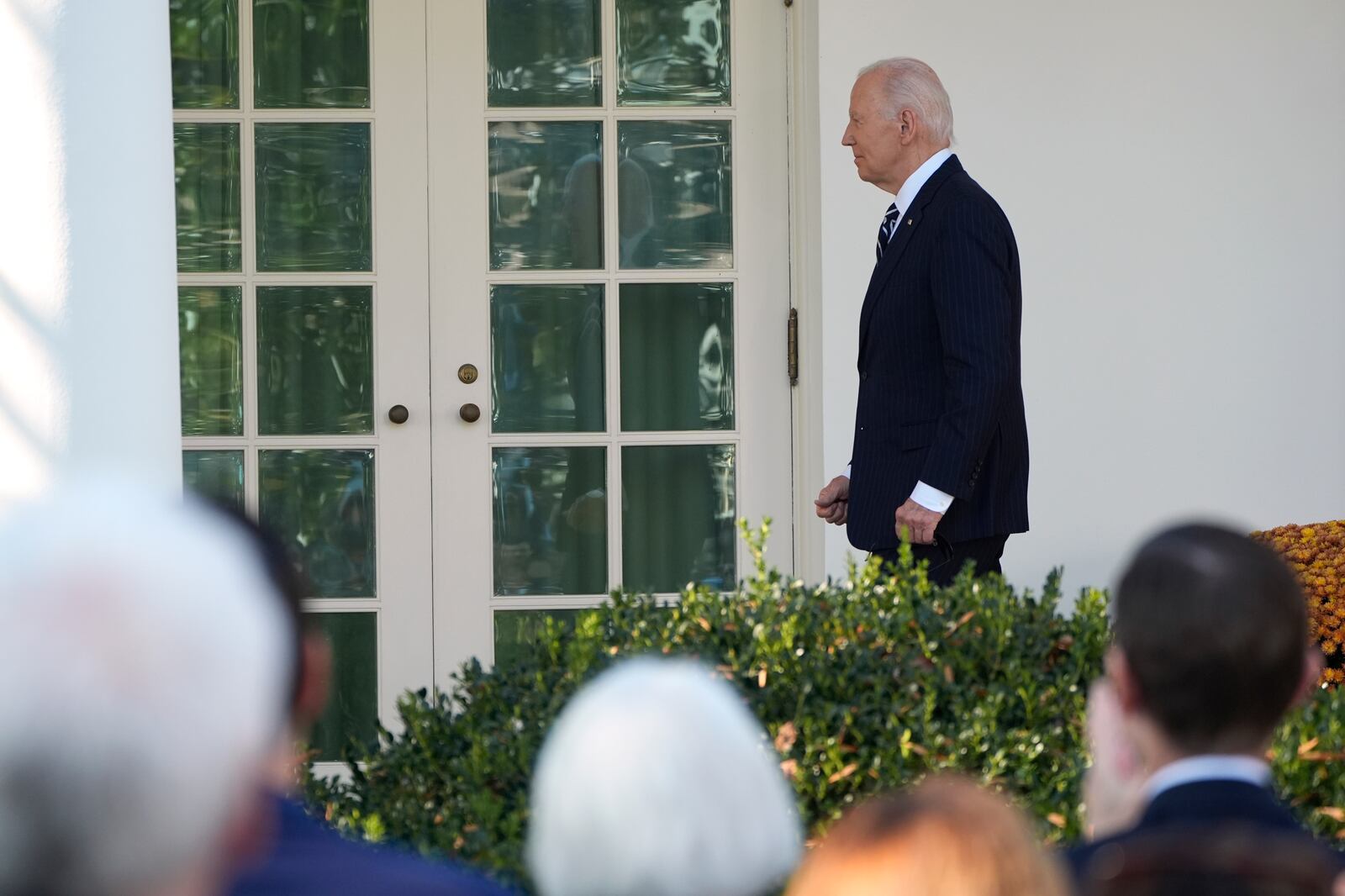 President Joe Biden departs after speaking in the Rose Garden of the White House in Washington, Thursday, Nov. 7, 2024. (AP Photo/Mark Schiefelbein)