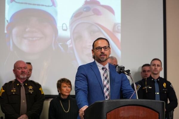 Carroll County Prosecutor Nicholas McLeland speaks after the sentencing of Richard Allen in Delphi, Ind., Friday, Dec. 20, 2024. (AP Photo/Michael Conroy)