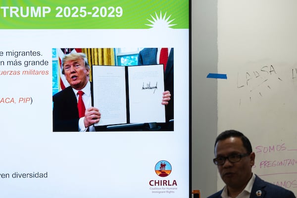 Winston Leiva, community education programs manager at the Coalition for Humane Immigrant Rights, gives a bilingual workshop for immigrants seeking to prepare to stay in the United States at the organization's office in Los Angeles, Wednesday, Dec. 4, 2024. (AP Photo/Jae C. Hong)