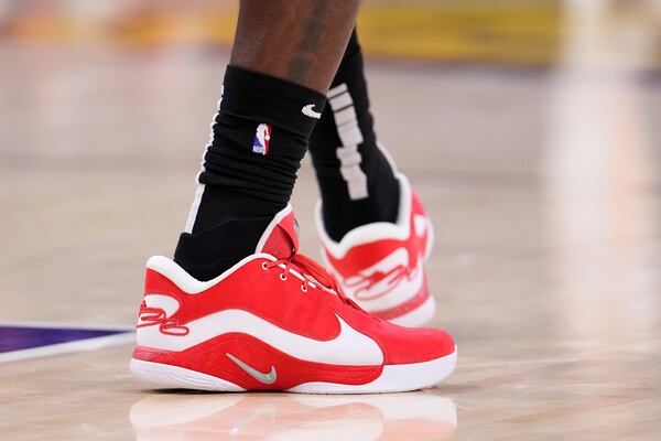 Los Angeles Lakers forward LeBron James' shoes are seen during the second half of an NBA basketball game against the Atlanta Hawks, Friday, Jan. 3, 2025, in Los Angeles. (AP Photo/Mark J. Terrill)