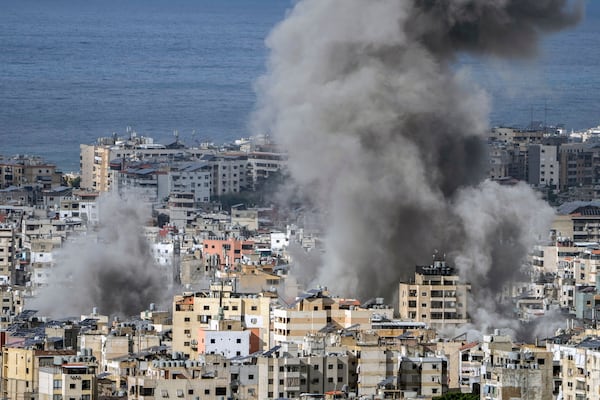 Smoke rises after an Israeli airstrike on Dahiyeh, in the southern suburb of Beirut, Lebanon, Monday, Nov. 25, 2024. (AP Photo/Bilal Hussein)