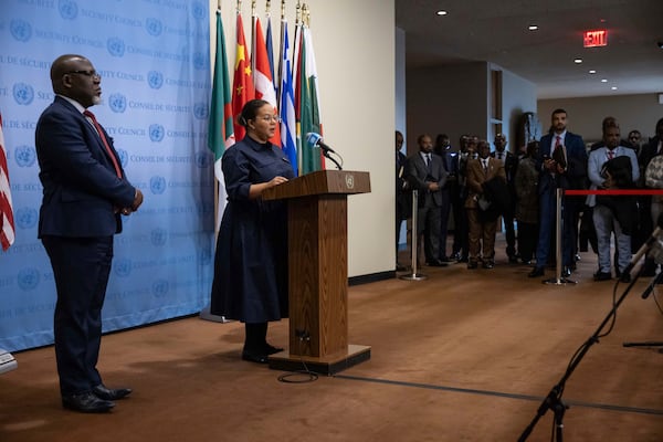 Democratic Republic of the Congo's State Minister, Minister of Foreign Affairs, International Cooperation and Francophonie Thérèse Kayikwamba Wagner speaks during a press conference at the United Nations headquarters, Sunday, Jan. 26, 2025. (AP Photo/Yuki Iwamura)