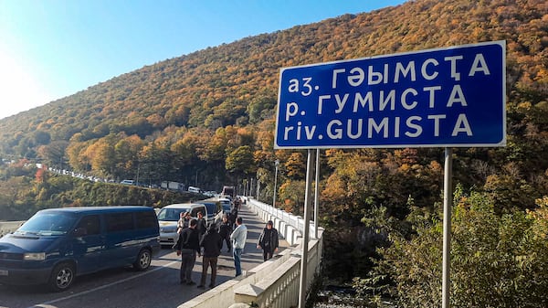 Protesters block the bridge over the Gumista River, about 5,5 kilometres south of Sukhumi in the Georgian separatist region of Abkhazia, Georgia, Tuesday, Nov. 12, 2024. (AP Photo)