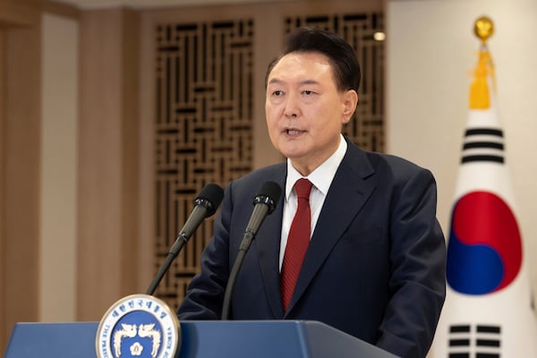 In this photo provided by South Korea Presidential Office, South Korean President Yoon Suk Yeol speaks at the presidential office in Seoul, South Korea, Thursday, Dec. 12, 2024. (South Korea Presidential Office via AP)