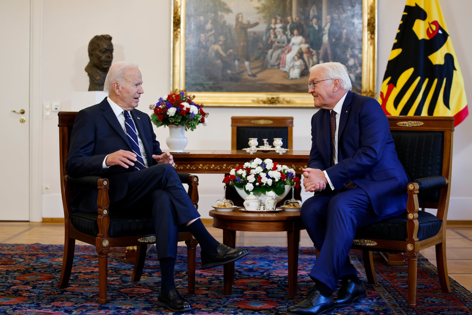 German President Frank-Walter Steinmeier and President Joe Biden hold a bilateral meeting at Bellevue Palace in Berlin, Germany, Friday, Oct. 18, 2024. (Axel Schmidt/Pool Photo via AP)