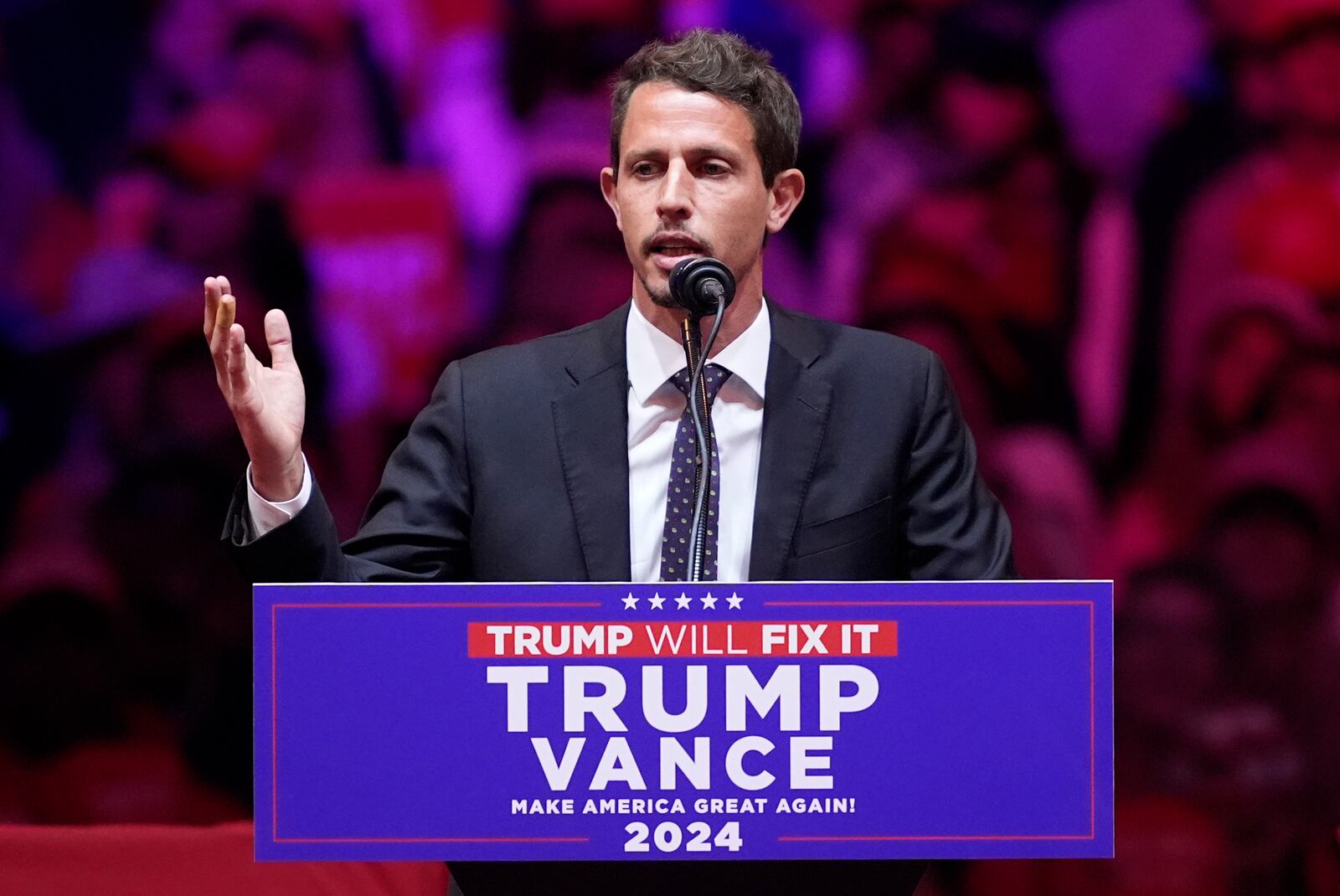 Tony Hinchcliffe speaks before Republican presidential nominee former President Donald Trump during a campaign rally at Madison Square Garden, Sunday, Oct. 27, 2024, in New York. (AP Photo/Evan Vucci)