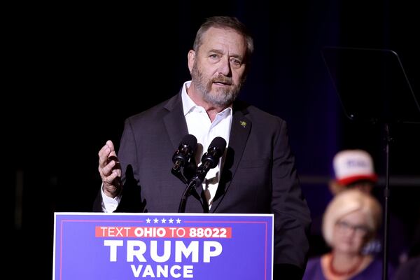 FILE - Ohio Attorney General Dave Yost speaks during a rally in Middletown, Ohio, July 22, 2024. (AP Photo/Paul Vernon, File)