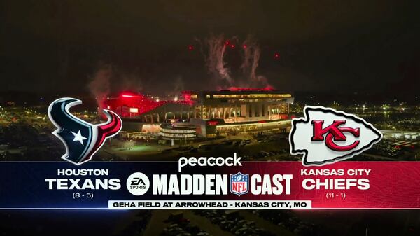 This image provided by NBC shows graphics from the Madden video game that will be used during NBC Sports presentation of the Madden NFL alternate broadcast on Peacock for the Saturday, Dec. 21, 2024, game between the Houston Texans and Kansas City Chiefs. This is the first time NBC is doing an alternate broadcast of an NFL game. (NBC via AP)