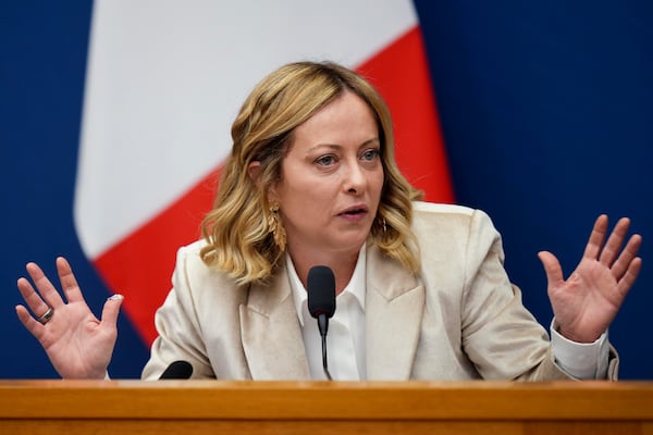 Italian Premier Giorgia Meloni holds the 2024 year-end press conference, in Rome, Thursday, Jan. 9, 2025. (AP Photo/Alessandra Tarantino)