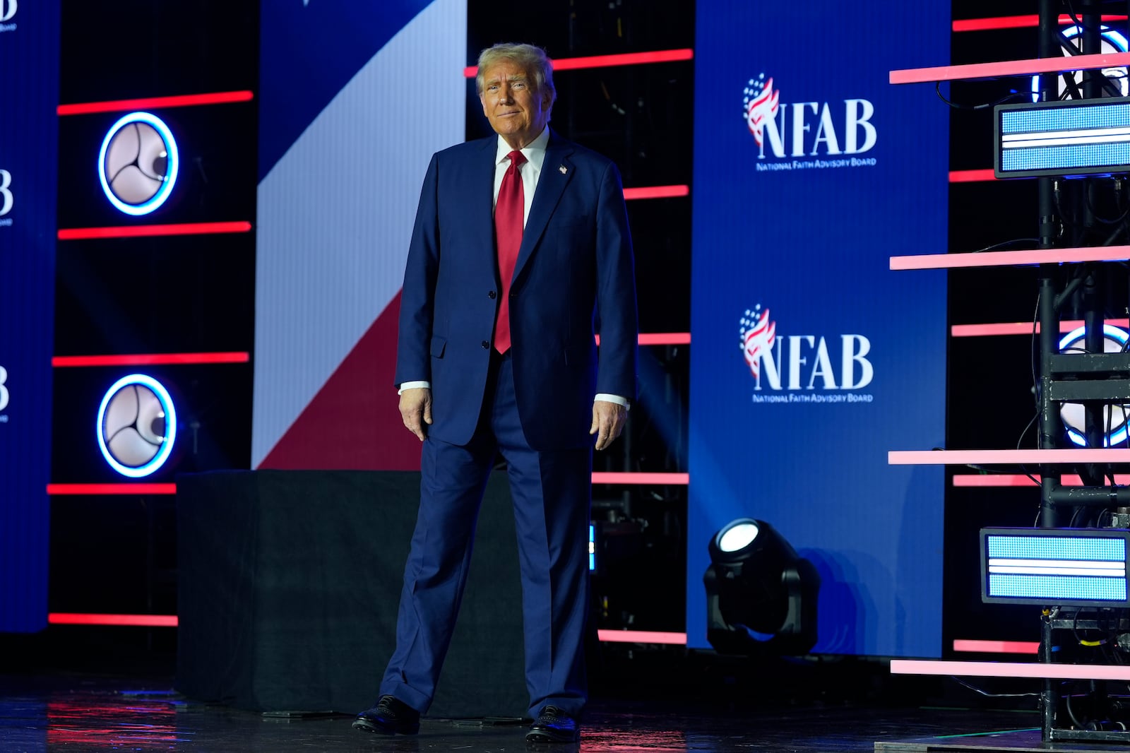 Republican presidential nominee former President Donald Trump arrives for the National Faith Summit at Worship With Wonders Church, Monday, Oct. 28, 2024, in Powder Springs, Ga. (AP Photo/Julia Demaree Nikhinson)