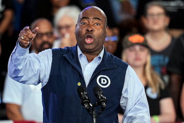 FILE - Democratic National Committee Chairman Jaime Harrison speaks Nov. 2, 2024, in Charlotte, N.C. (AP Photo/Mike Stewart, File)