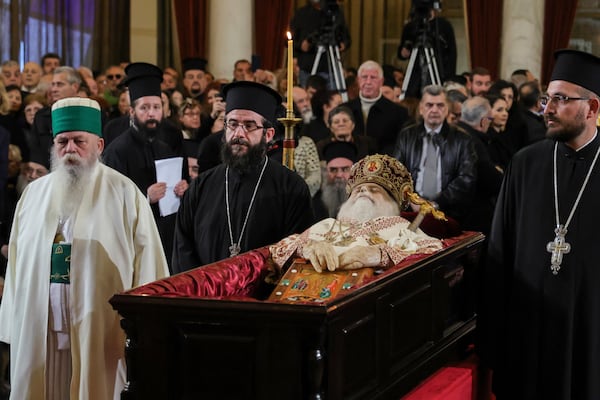 Late Archbishop Anastasios of Tirana, Durres and All Albania lies at the Cathedral of the Resurrection of Christ, in Tirana, Albania, Thursday, Jan. 30, 2025. (AP Photo/Vlasov Sulaj)