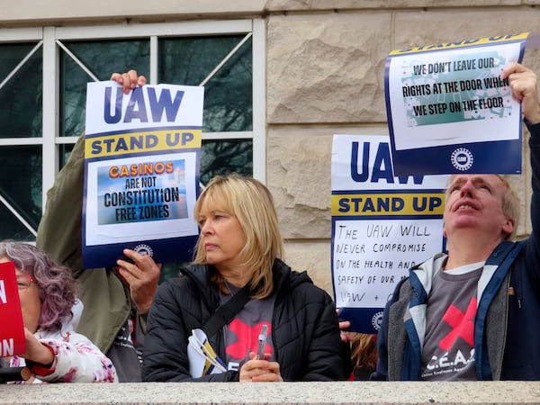 Casino workers in favor of banning smoking in Atlantic City demonstrate outside a courthouse in Trenton,N.J. on April 5, 2024 after filing a lawsuit seeking to force a smoking ban. (AP Photo/Wayne Parry)