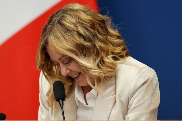 Italian Premier Giorgia Meloni holds the 2024 year-end press conference, in Rome, Thursday, Jan. 9, 2025. (AP Photo/Alessandra Tarantino)