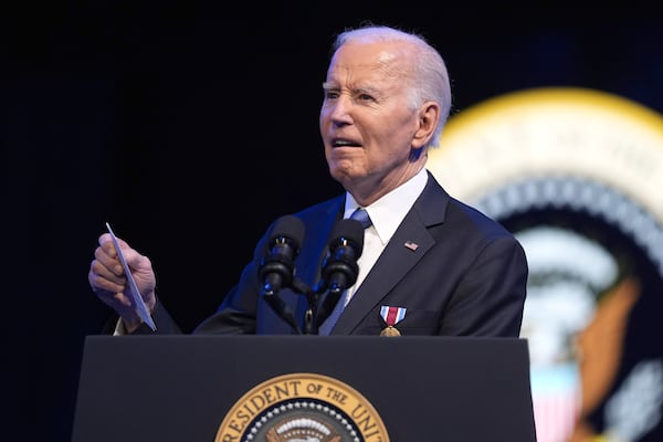 President Joe Biden speaks during a Department of Defense Commander in Chief farewell ceremony at Joint Base Myer-Henderson Hall, Thursday, Jan. 16, 2025, in Arlington, Va. (AP Photo/Evan Vucci)