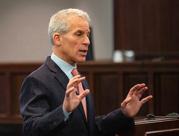 Lead defense lawyer Brian Steel makes his opening statement to the jury Tuesday, Jan. 28, 2025, in Brunswick, Ga., in the trial of former Brunswick Judicial Circuit District Attorney Jackie Johnson who is accused of obstruction of justice and violating her oath of office. (Terry Dickson/The Brunswick News via AP, Pool)