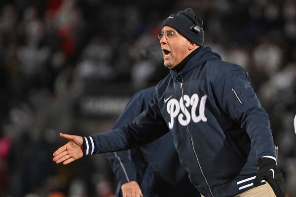 Penn State head coach James Franklin reacts during the third quarter of an NCAA college football game against Marylnad, Saturday, Nov. 30, 2024, in State College, Pa. (AP Photo/Barry Reeger)