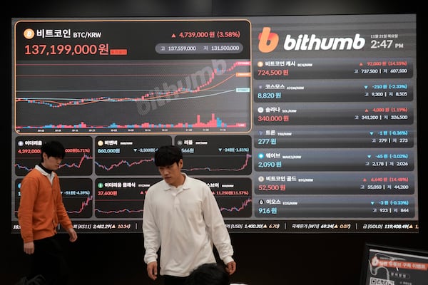 Employees pass by an electronic signboard displaying the prices of Bitcoin and other cryptocurrencies at the lounge of Bithumb cryptocurrency exchange in Seoul, South Korea, Thursday, Nov. 21, 2024. (AP Photo/Ahn Young-joon)