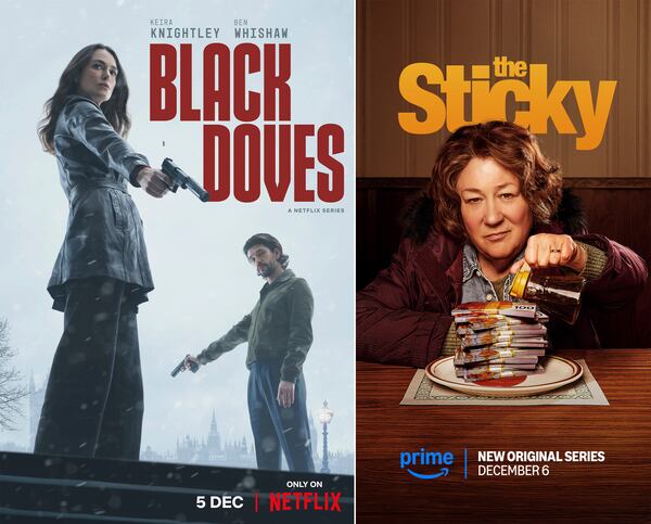 This combination of images shows promotional art for "Black Doves", left, and "The Sticky" (Netflix/Amazon Studios via AP)