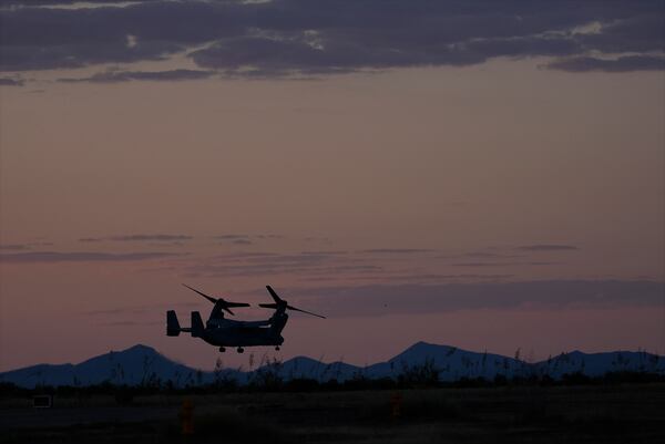 FILE - Marine Two, an Osprey tilt-rotor aircraft, with Democratic presidential nominee Vice President Kamala Harris aboard, departs after she visited the border and spoke in Douglas, Ariz., Sept. 27, 2024. (AP Photo/Carolyn Kaster, File)