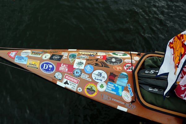 A detail of Peter Frank's canoe is shown Thursday, Nov. 7, 2024 in Annapolis, Md. (AP Photo/Brian Witte)