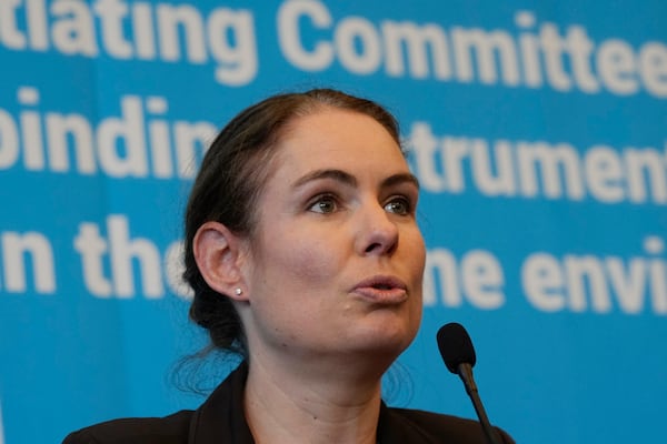 Olga Givernet, French delegate minister for Energy, speaks during a press conference at the fifth session of the Intergovernmental Negotiating Committee on Plastic Pollution in Busan, South Korea, Sunday, Dec. 1, 2024. (AP Photo/Ahn Young-joon)