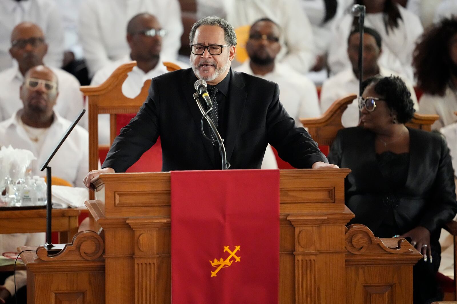 Michael Eric Dyson speaks during a ceremony celebrating the life of Cissy Houston on Thursday, Oct. 17, 2024, at the New Hope Baptist Church in Newark, N.J. (Photo by Charles Sykes/Invision/AP)