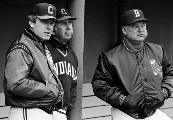 FILE - From left to right, Cleveland Indians manager Jeff Torborg, Indians coach Dave Garcia and Boston Red Sox manager Don Zimmer attend a Red Sox batting practice in Boston, April 4, 1979, during a workout to prepare for an American League opening baseball game at Fenway Park. (AP Photo/Dave Tenenbaum, File)