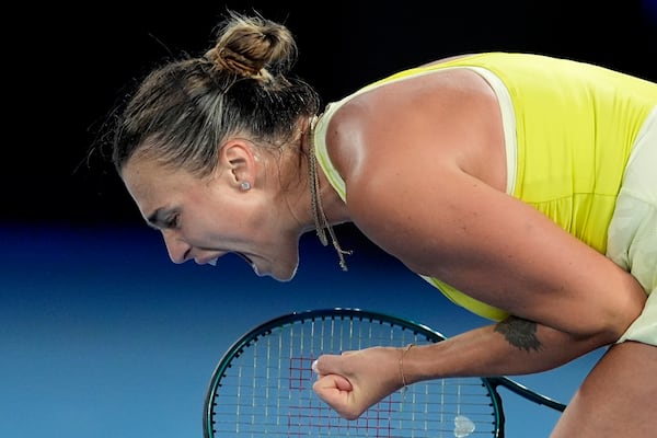 Aryna Sabalenka of Belarus reacts during the women's singles final against Madison Keys of the U.S. at the Australian Open tennis championship in Melbourne, Australia, Saturday, Jan. 25, 2025. (AP Photo/Asanka Brendon Ratnayake)