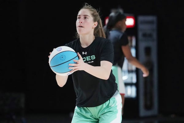 Laces player Kate Martin practices, Thursday, Jan. 16, 2025, in Medley, Fla., as the new 3-on-3 women's basketball league Unrivaled tips off this weekend. (AP Photo/Marta Lavandier)