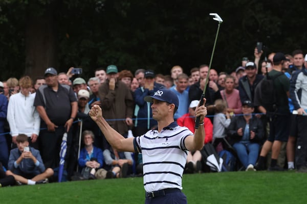 FILE - Billy Horschel of the United States reacts on the 18th green after winning a playoff to win the British PGA golf Championship at Wentworth golf club in Wentworth, England, Sept. 22, 2024. (AP Photo/Ian Walton, File)