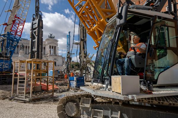 FILE - A view of the construction site of the new 25.5-kilometer Metro C subway main hub in Piazza Venezia in central Rome, Thursday, May 23, 2024. (AP Photo/Domenico Stinellis, File)