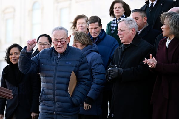 Senate Minority Leader Chuck Schumer, D-N.Y., third left, and Senate Democrats layout the priorities for the 119th Congress on the Senate Steps at the U.S. Capitol on Thursday, Jan. 9, 2025, in Washington. (AP Photo/John McDonnell)