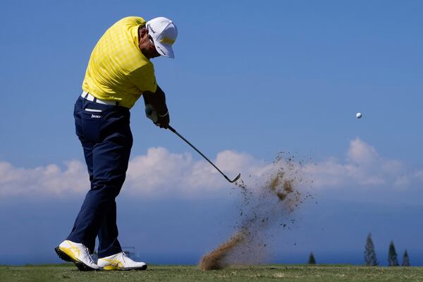 Hideki Matsuyama, of Japan, hits off the 11th tee during the final round of The Sentry golf event, Sunday, Jan. 5, 2025, at Kapalua Plantation Course in Kapalua, Hawaii. (AP Photo/Matt York)