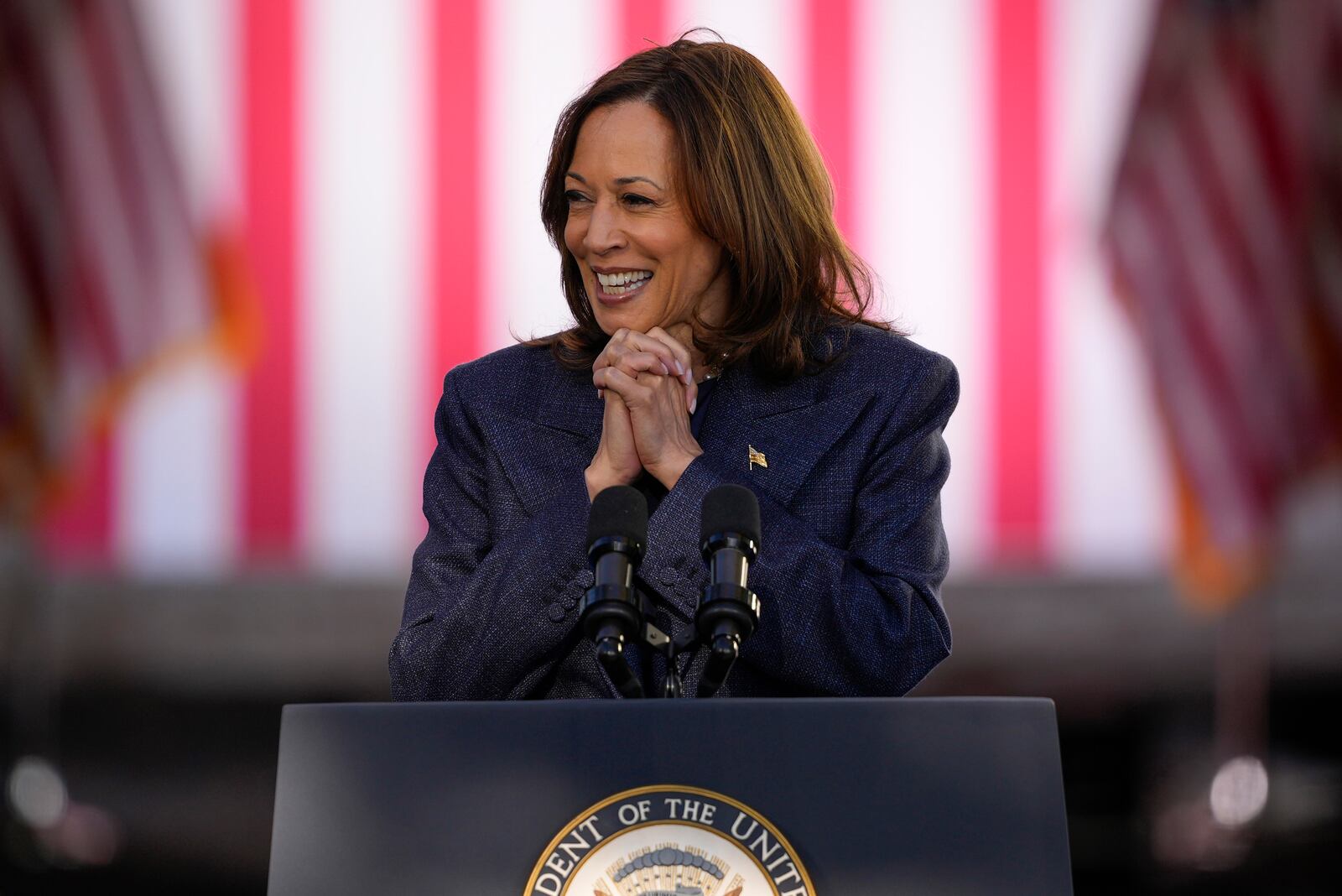 Democratic presidential nominee Vice President Kamala Harris speaks during a campaign event at Washington Crossing Historic Park, Wednesday, Oct. 16, 2024, in Washington Crossing, Pa. (AP Photo/Matt Slocum)