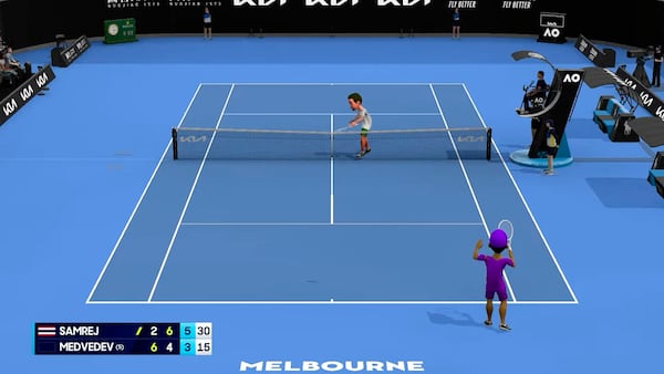 This image made from animation and provided by Tennis Australia shows a first round match between Daniil Medvedev of Russia and Kasidit Samrej of Thailand in an animation form at the Australian Open tennis championship in Melbourne, Australia, Tuesday, Jan. 14, 2025. (Tennis Australia via AP)