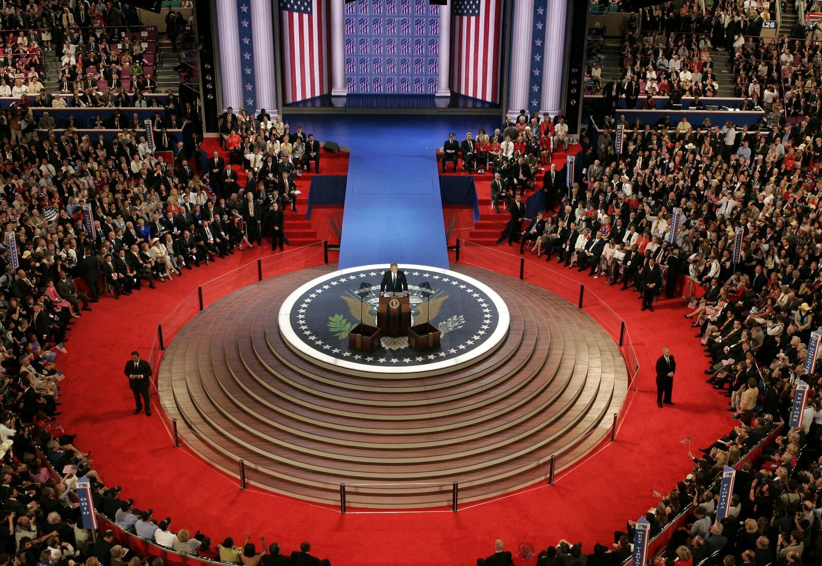 FILE - President George W. Bush addresses the Republican National Convention at Madison Square Garden in New York, Thursday, Sept. 2, 2004. (AP Photo/Stephan Savoia, File)