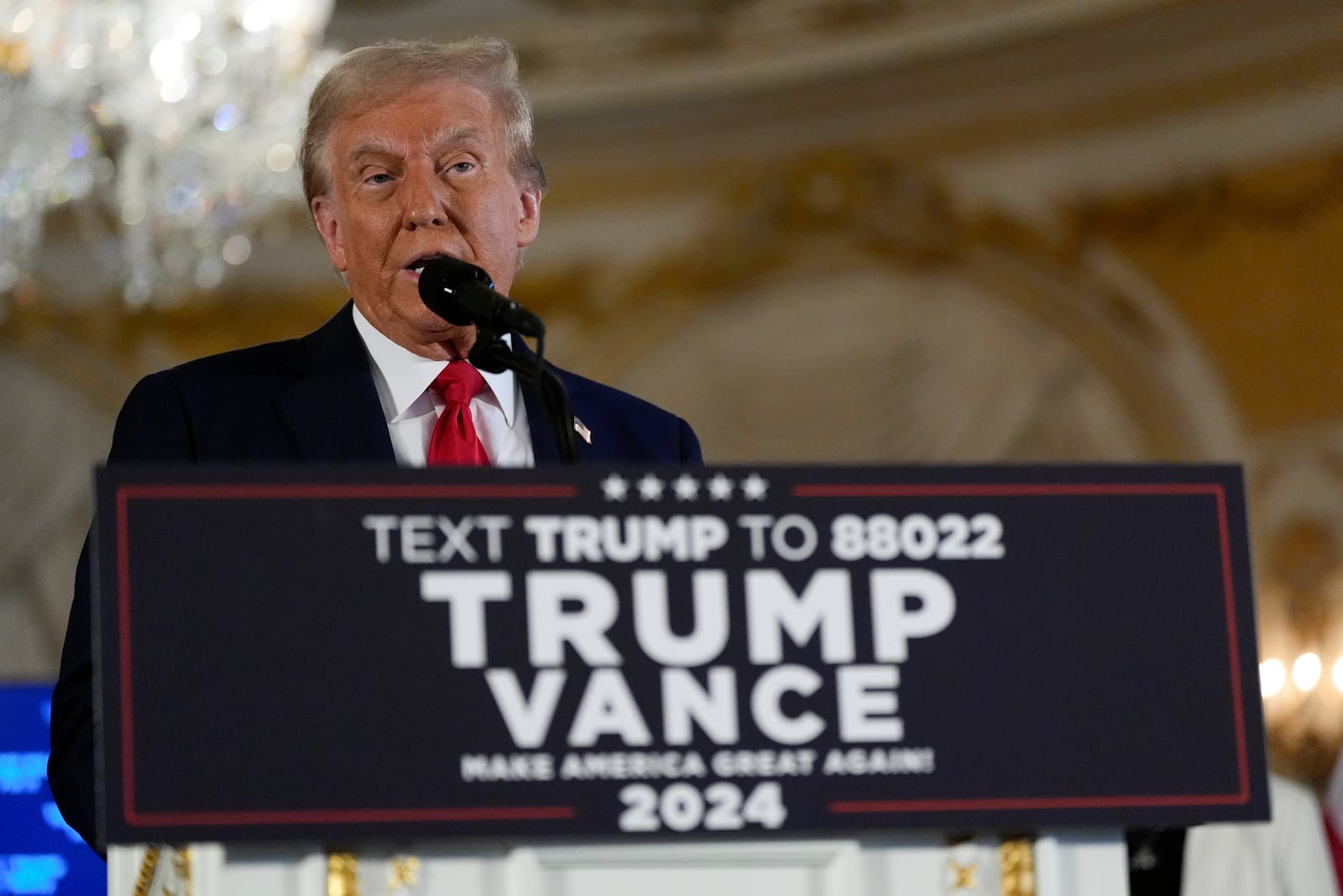 Republican presidential nominee former President Donald Trump speaks during a news conference at his Mar-a-Lago estate, Tuesday, Oct. 29, 2024, in Palm Beach, Fla. (AP Photo/Julia Demaree Nikhinson)