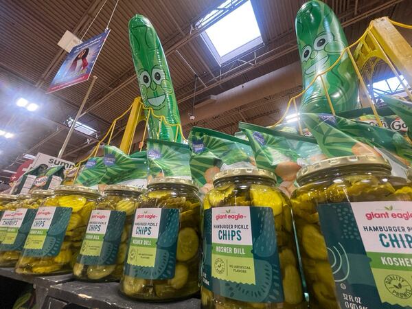 A pickle display is shown at a Giant Eagle market in Glenshaw, Pa., Friday, July 12, 2024. Pickles, on the rise for a number of years, took center stage on the American culinary scene in new ways in 2024. (AP Photo/Ted Anthony)