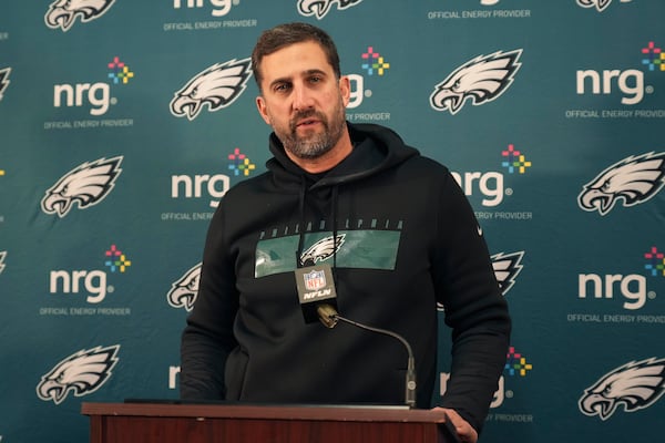 Philadelphia Eagles head coach Nick Sirianni speaks to members of the media after an NFL football game against the Washington Commanders, Sunday, Dec. 22, 2024, in Landover, Md. (AP Photo/Stephanie Scarbrough)