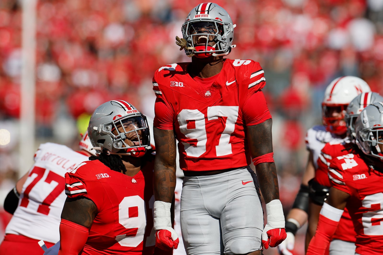 Ohio State defensive lineman Kenyatta Jackson celebrates making a tackle for a loss against Nebraska during the first half of an NCAA college football game Saturday, Oct. 26, 2024, in Columbus, Ohio. (AP Photo/Jay LaPrete)